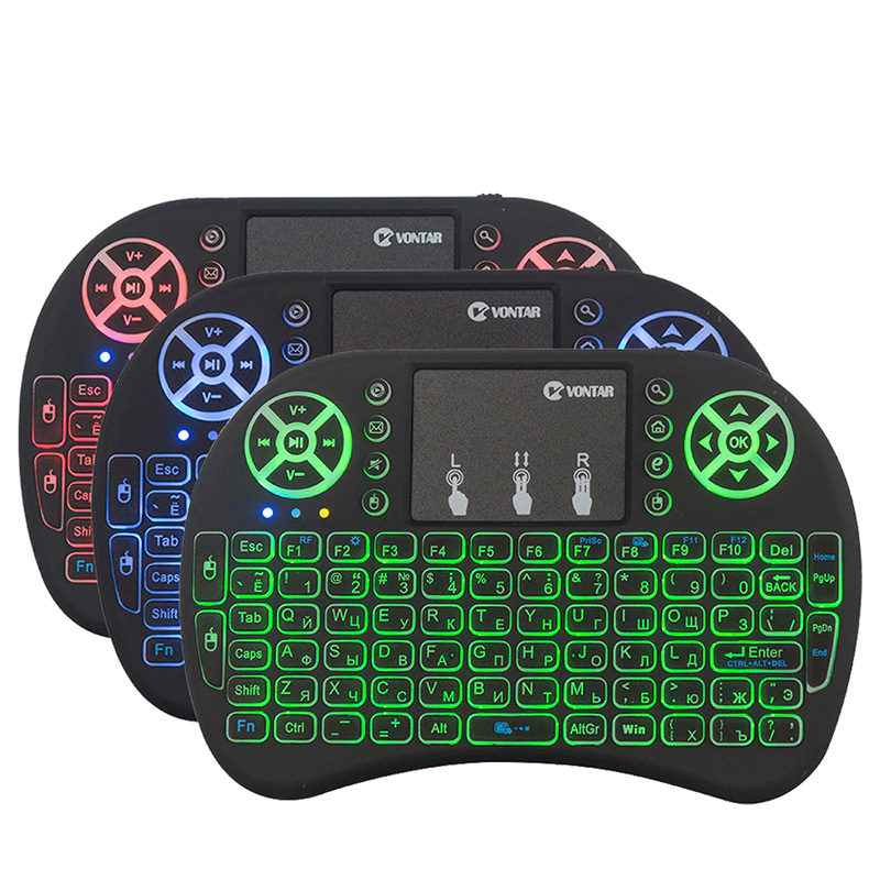VONTAR i8 영어 러시아어 프랑스어 백라이트 미니 무선 키보드 2.4GHz 에어 마우스 백라이트 터치 패드 핸드 헬드 안드로이드 TV 박스