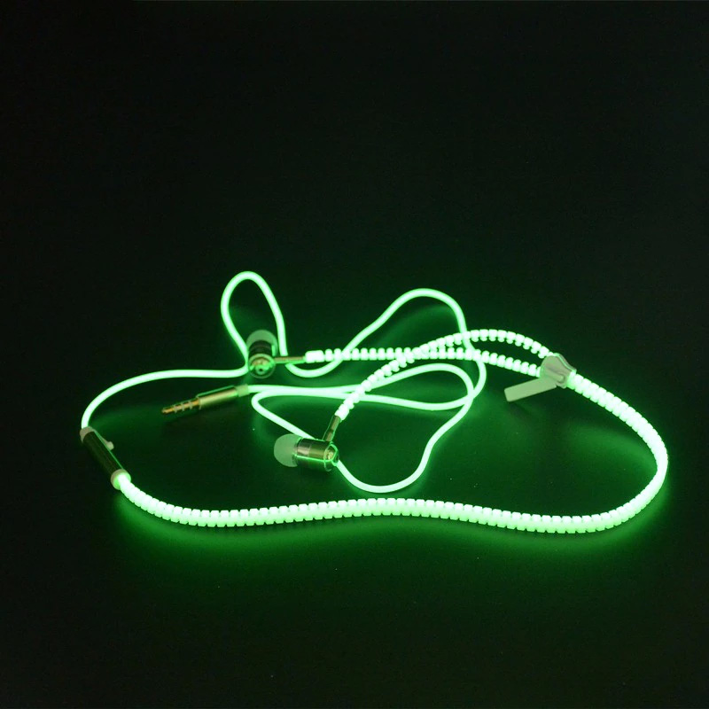 M & J 높은 품질 전체 빛나는 이어폰 빛나는 빛 금속 지퍼 귀 전화 아이폰에 대 한 어둠 속에서 빛나는 마이크와 삼성 MP3