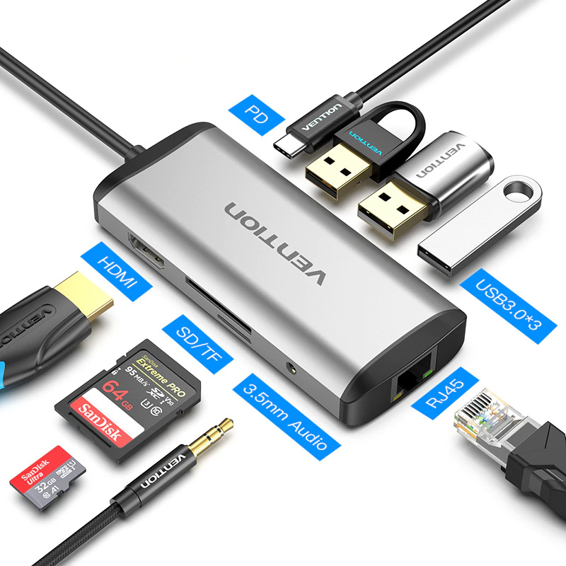 Vention USB 유형 C 변환기 유형 C HDMI VGA USB 3.0 PD 힘 3.5mm 오디오 RJ45 이더 네트 접합기 SD/TF 카드 판독기 USB 허브 새로운