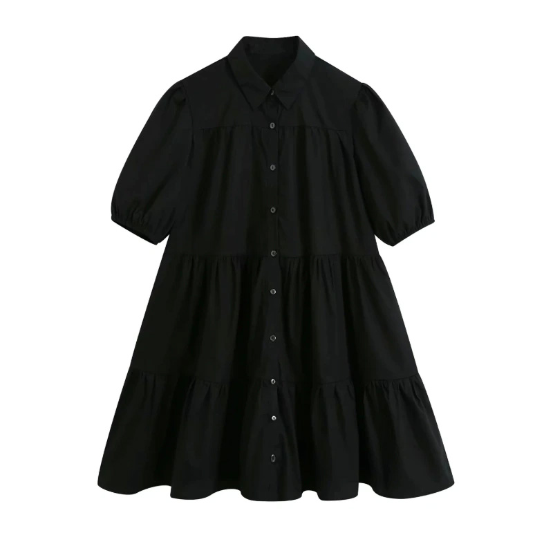 ZEVITY-단순히 턴 다운 칼라 솔리드 블랙 미니 드레스, 오피스 레이디 플리츠 프릴 베스티도 시크 캐주얼 루즈 드레스 DS4418