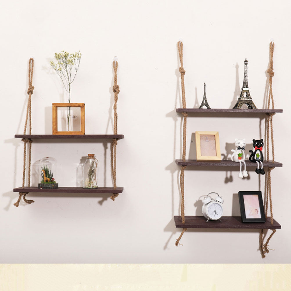 Wooden Hanging Shelf Swing Rope Floating Shelves 3 Tier Jute Rope Wall Display Rack(Dark Brown) 47%