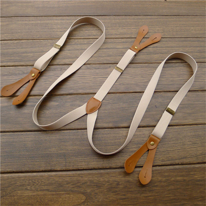Light Brown Button strap elastic suspenders Men and women Leather + high elastic 2.0cm wide suspender GUCUANNVIC