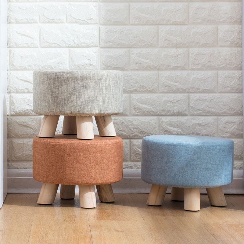 Modern Luxury Upholstered Footstool Nordic Round Pouffe Stool Wooden Leg Pattern Round Fabric 4 Legs
