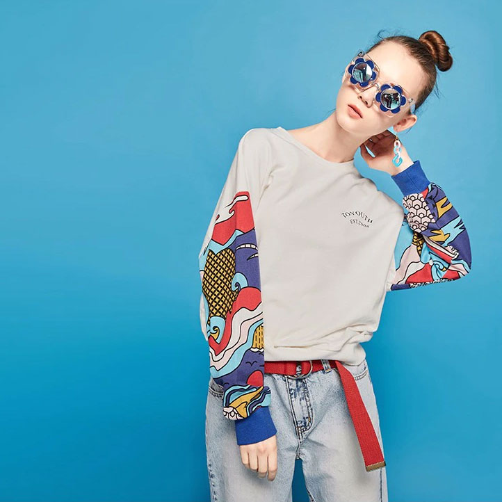 Toyouth Harajuku Hoodie Brand 2018 ukiyo-e Japanese  Printed Women Long Sleeve Pullovers O-neck Patchwork Sweatshirt Tracksuit