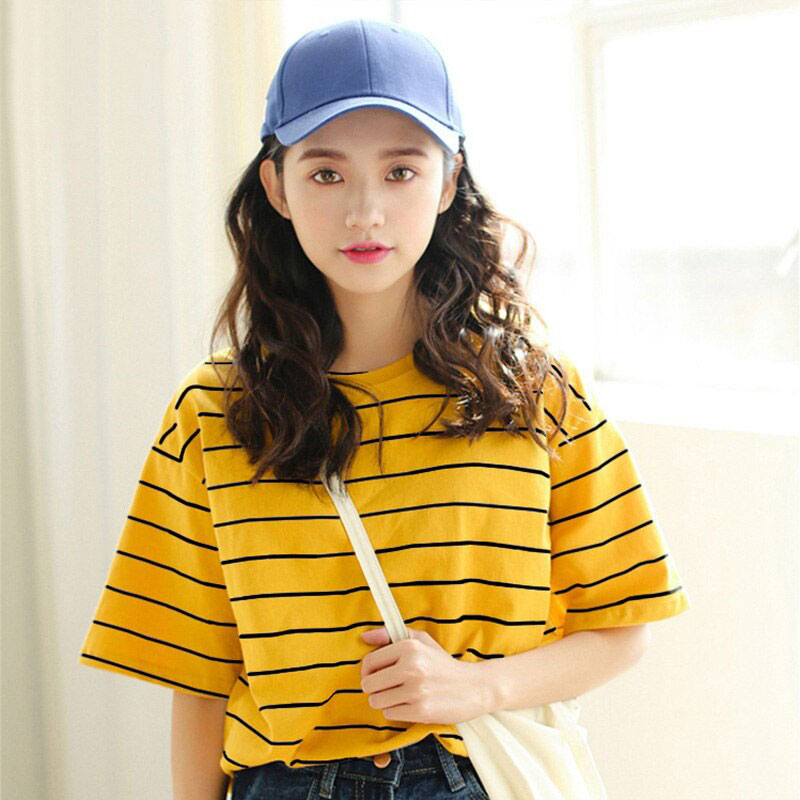 Harajuku cartoon embroidery t shirt Ulzzang Girlfriends stripe t-Shirts summer Women Casual Loose short Sleeve tee shirt Tops