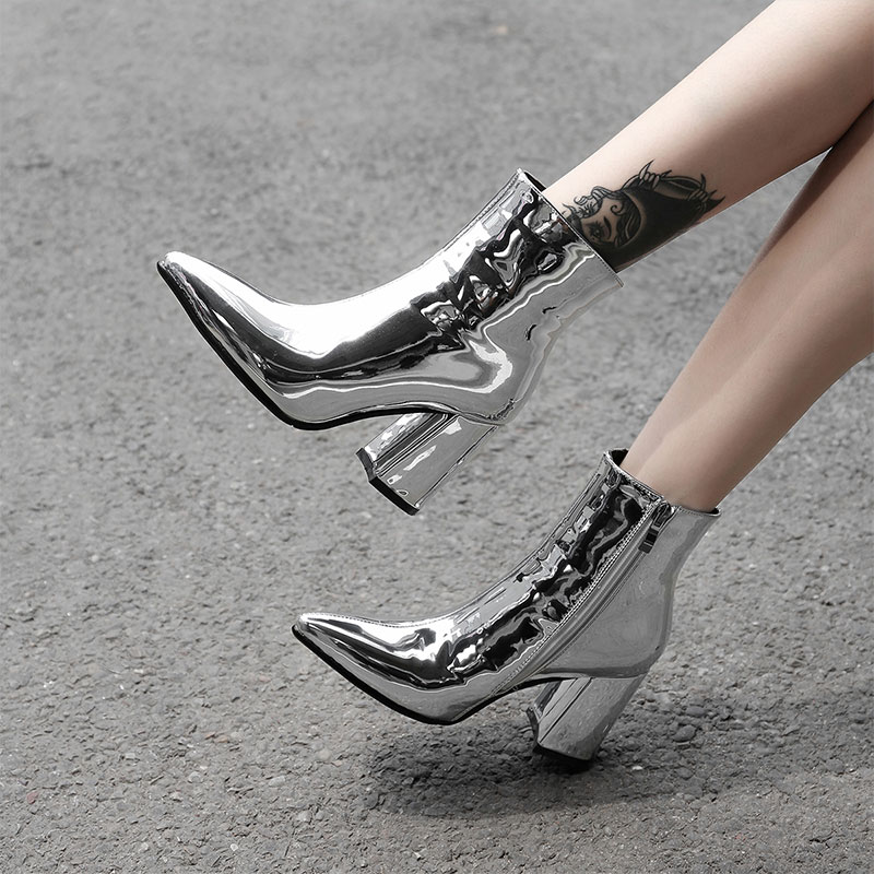 2019 New Sliver Gold Women Ankle Boots Pointed Toe Chunky High Heel Boots Mirror Metallic Women Pumps Female Sexy Stiletto Boots