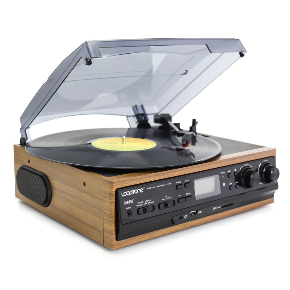 LoopTone 3-speed Bluetooth Turntable Vinyl Record Player Built-in Speakers Gramophone AM/FM Radio Cassette LP USB/SD Recorder