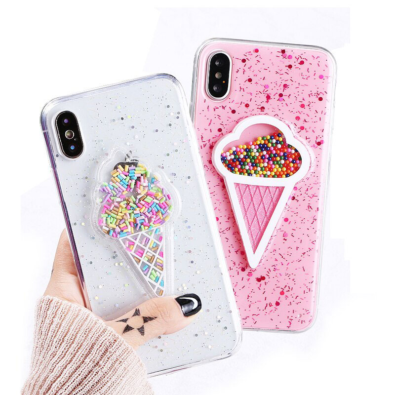 LACK 3D Dynamic Ice Cream Phone Case For iphone X Case Fashion Glitter Bling Back Cover Lovely Cartoon Cases For iphoneX Capa