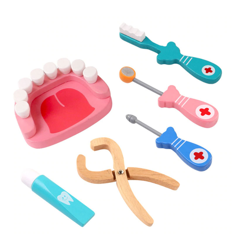 Logwood Wooden toys Funny play Real Life Cosplay Doctor game toy Dental Pretend Doctor accessories Tools 6PCS Set For Children