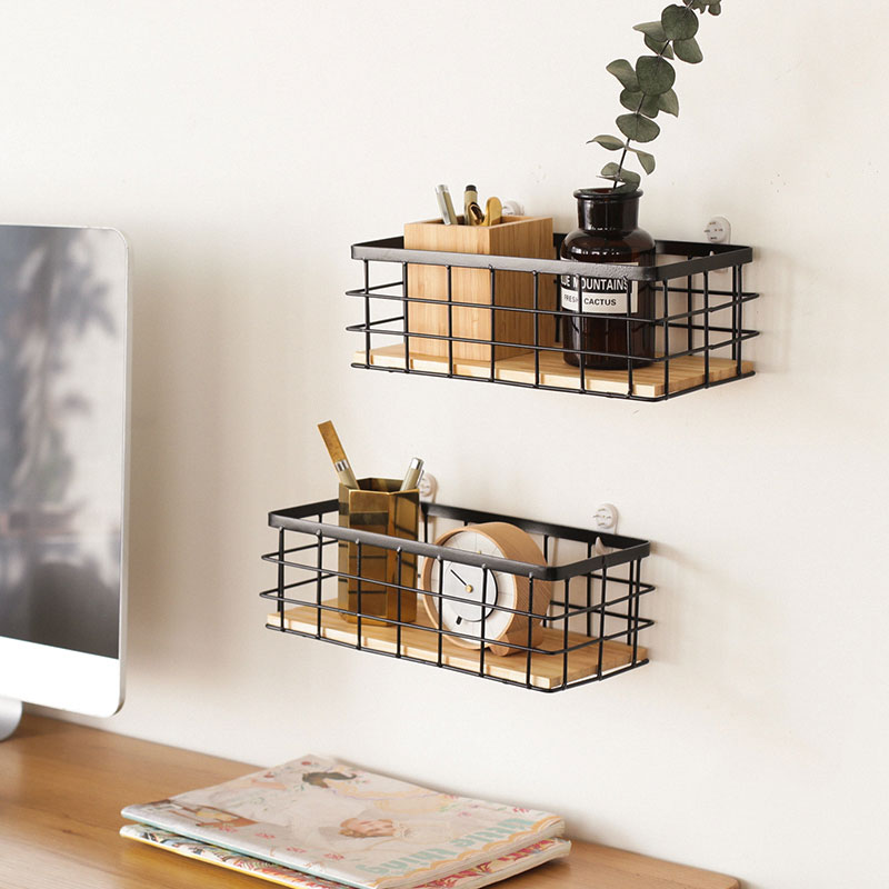 Iron Wood Wall Shelf wtih Board Hanging Storage Basket Sundries Shelves Holder Storage Rack Home Decoration Organizer