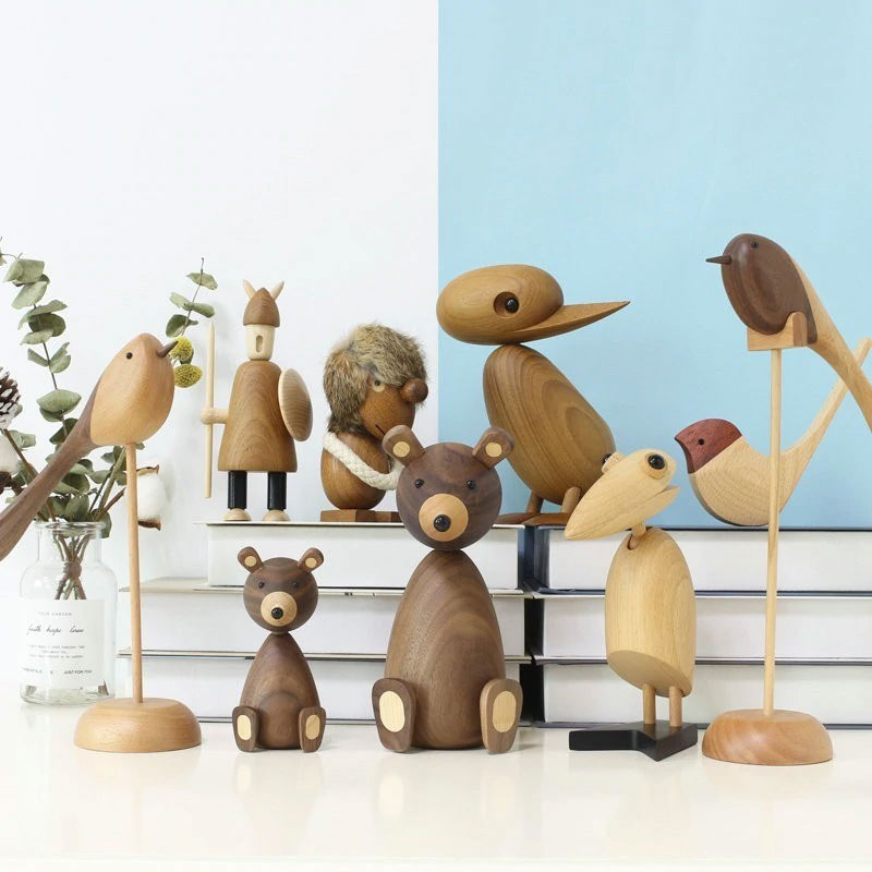 Nordic Style Danmark Wooden Animal Figurines Wood Bear/Dog/Bird/Monkey Figures Home Decor Ornaments Crafts Boy Toys & Hobbies
