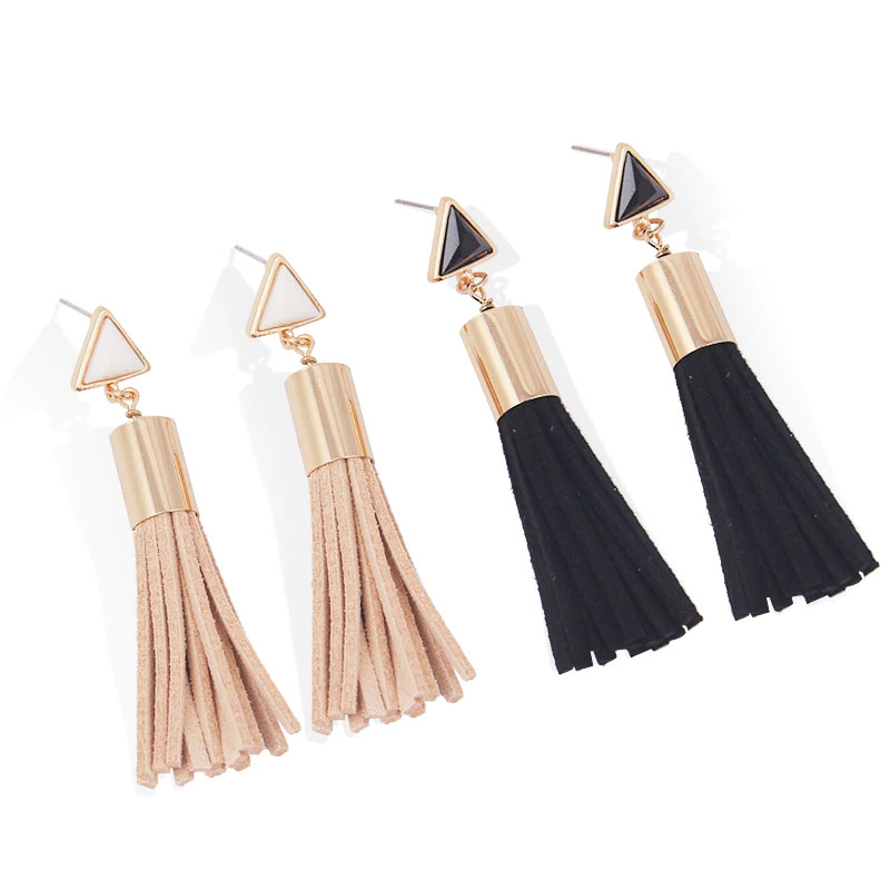 Vintage Triangle Tassel Drop Earrings Faux Suede Fabric Long Dangle Earrings for Women 2A3006