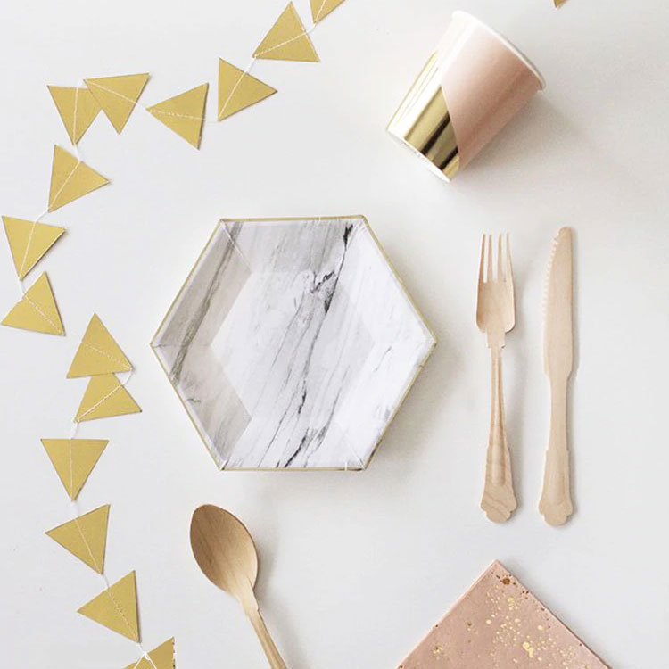 Party Disposable Tableware Paper Cup Straw Cake Plate Wooden Knife and Fork Party Supplies Marbling Pink Birthday Decorations