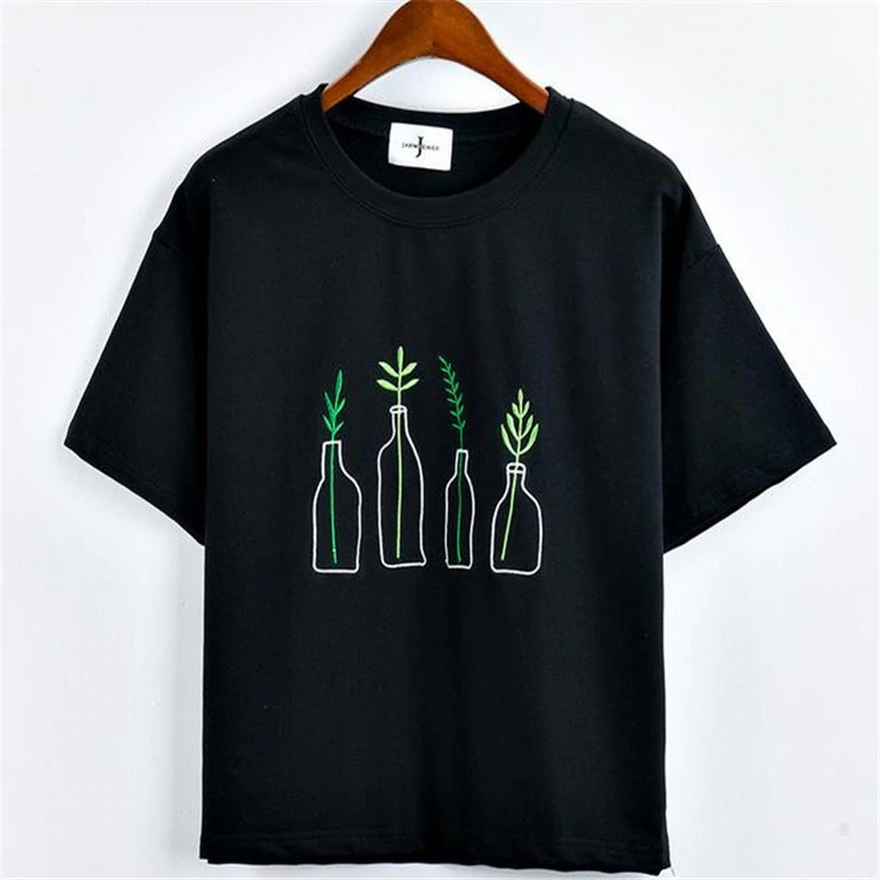 Merry Pretty New Summer Korean Style Women T-Shirt Harajuku Bottle Plants Pattern Kawaii Embroidery Cotton Tee Shirt Cute Tops