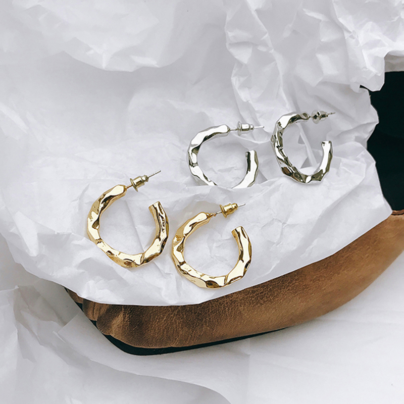 Peri'sBox Gold Silver Color Open Hammered Hoop Earrings for Women Modern Minimalist Metal Earrings Geometrical Hoops Earrings