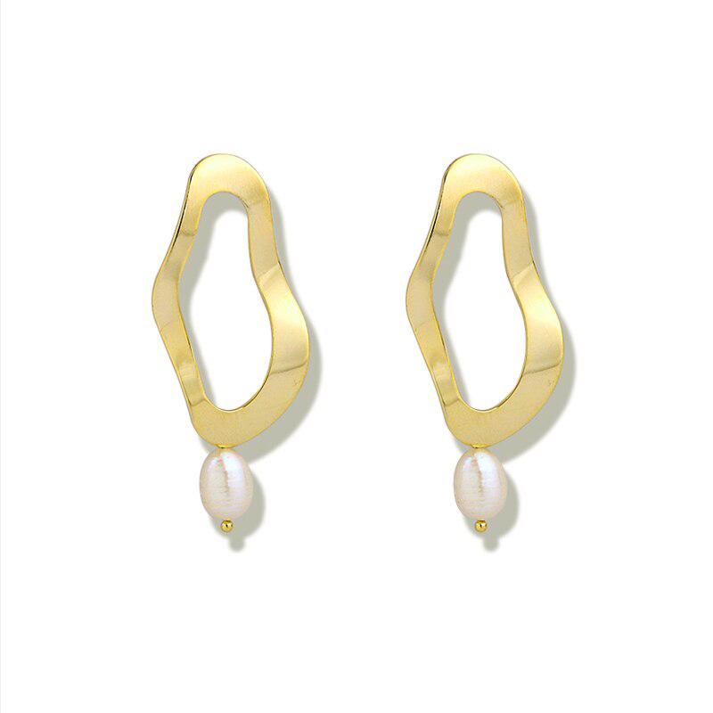 Peri'sBox Gold Color Waved Hoop Earrings with Hanging Pearl Irregular Statement Earrings for Women Bohemia Geometrical Earrings