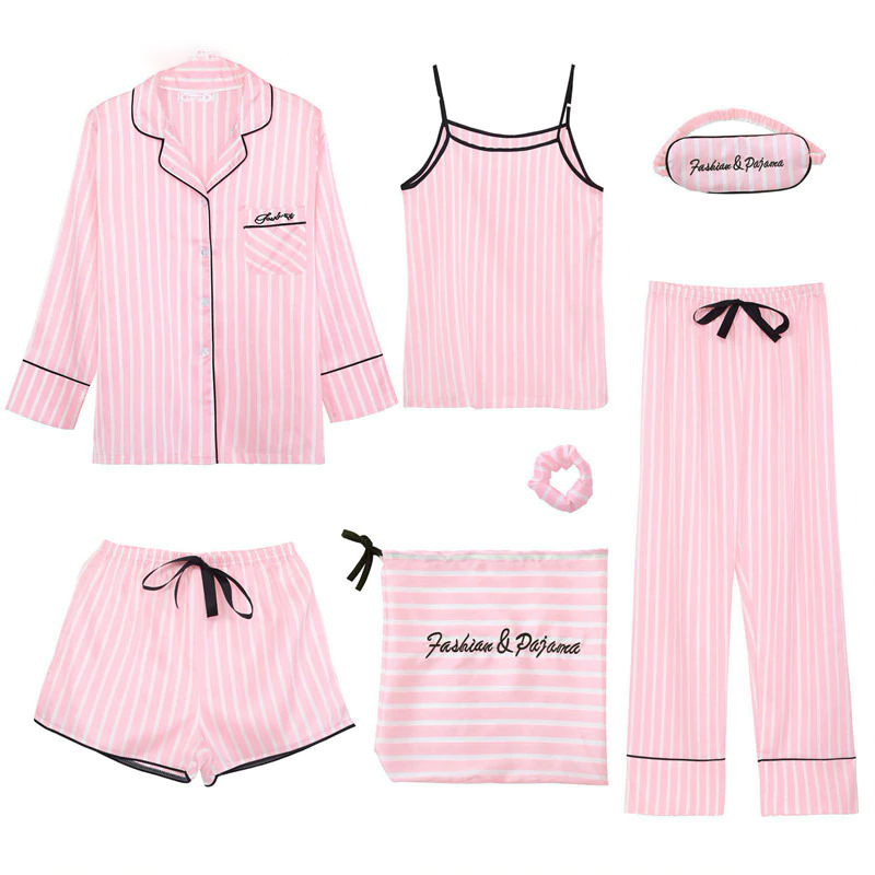JULY'S SONG Pink Women's 7 Pieces Pajamas Sets Emulation Silk Striped Pyjama Women Sleepwear Sets Spring Summer Autumn Homewear