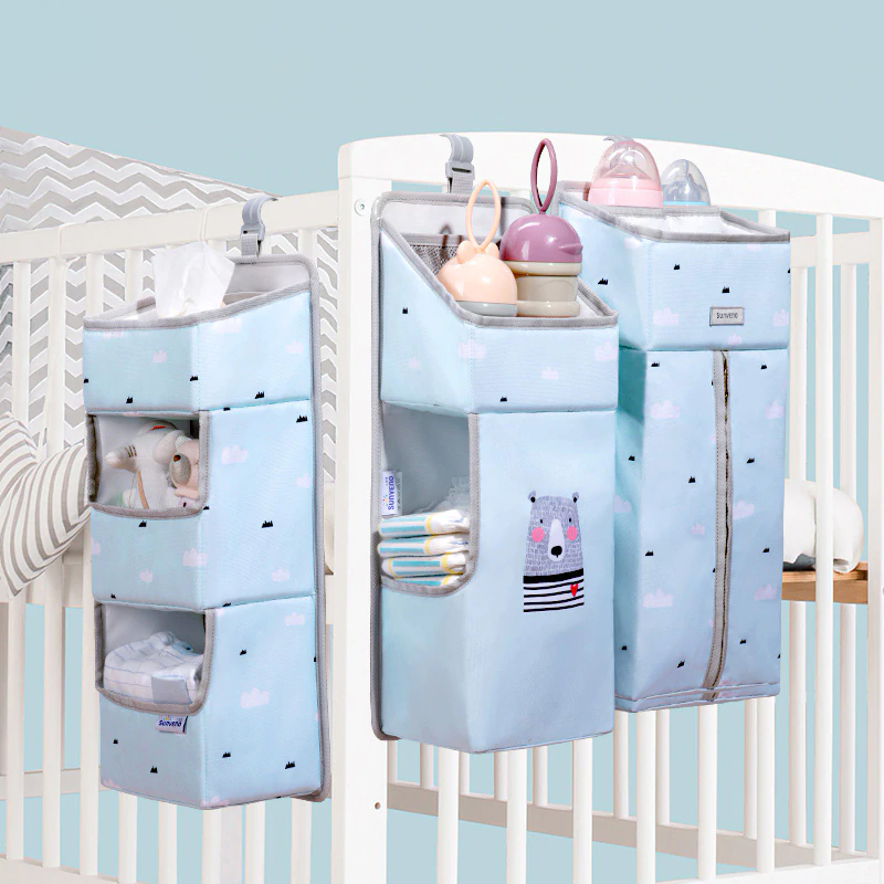 Sunveno Baby Storage Organizer Crib Hanging Storage Bag Caddy Organizer for Baby Essentials Bedding Set Diaper Storage Bag