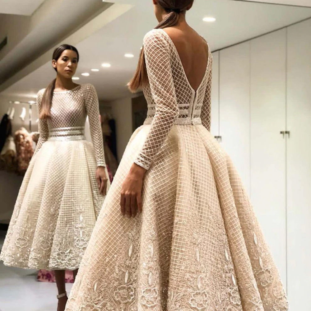 Elegant Bige Color Unique Lace Cocktail Dresses Full Sleeves V-Back Ankle Length Prom Gowns 2019 Robe De Soiree Party Dresses