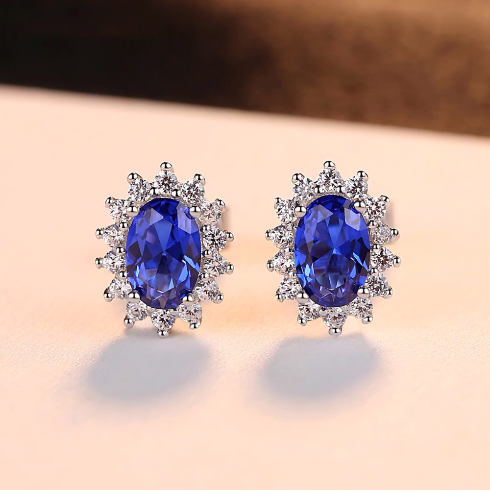 CZCITY New Natural Birthstone Royal Blue Oval Topaz Stud Earrings With Solid 925 Sterling Silver Fine Jewelry For Women Brincos