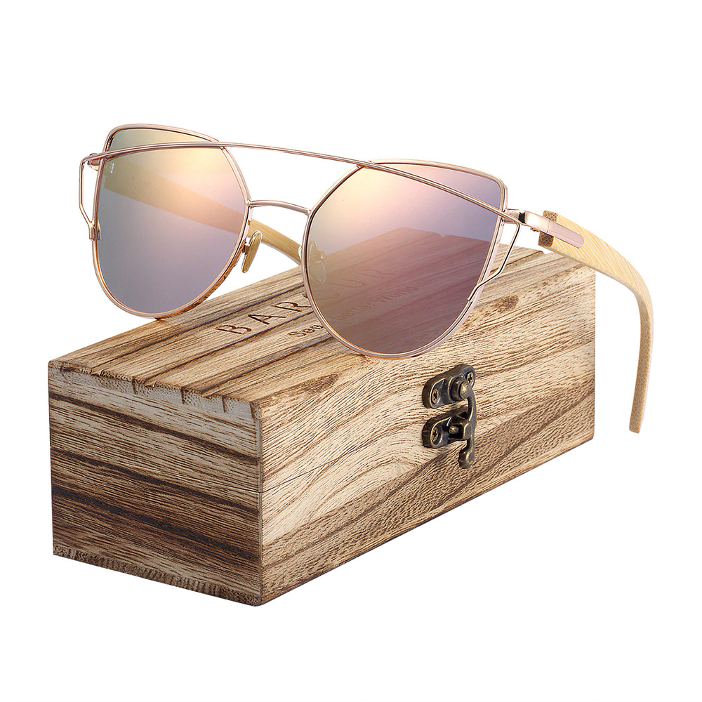 BARCUR Bamboo Cat Eye Sunglasses Polarized Metal Frame Wood Glasses Lady Luxury Fashion Sun Shades With Box Free