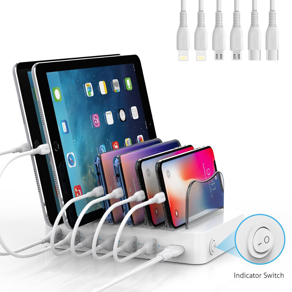 Soopii 50W/10A 6-Port USB Charging Station for Multiple Devices, Dock Station with 6 Cables Included(2 IOS 2 Micro 2 Type-C)