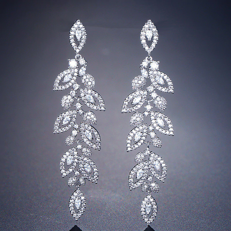 ZAKOL Fashion Korean CZ Leaf Wedding Jewelry Marquise AAA Cubic Zirconia Long Drop Bridal Earrings For Elegant Women FSEP2144
