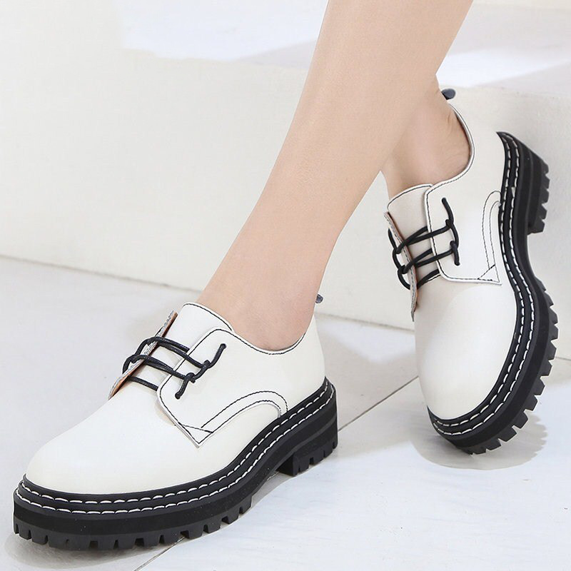 Retro Women Shoes Genuine Leather 2020 New Spring British Style Student Shoes Wild Thick Large Size 41 42 43 Ladies Oxford Shoes