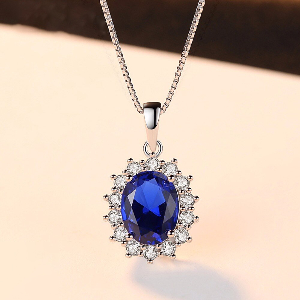 CZCITY Elegant Oval Princess Diana William Sapphire Pendant Necklace for Women 100% 925 Sterling Silver Charms Necklace Jewelry