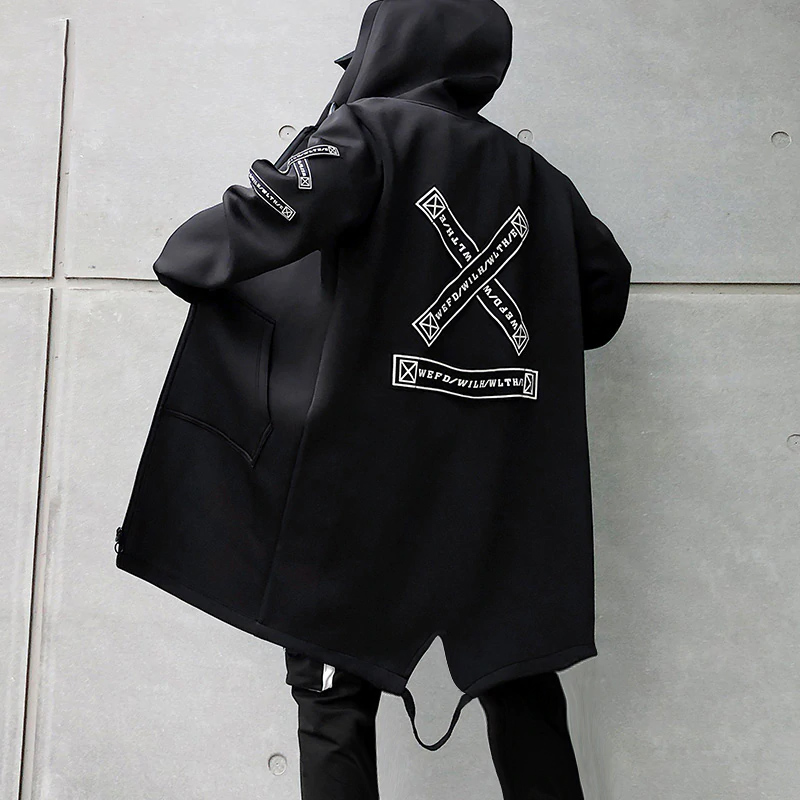 Winter Slim Long Trench Coat Men Letter Print Military Style Hooded Overcoat Black Hip Hop Streetwear Autumn Korean Mens Jacket