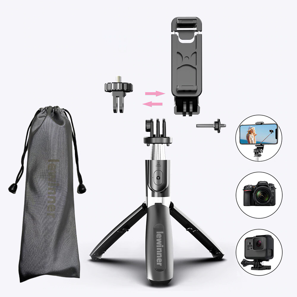 Lewinner L02 All In One Portable bluetooth Tripod Selfie Stick Monopod for Gopro 7 6 5 Sports Action camera 1/4 Screw View