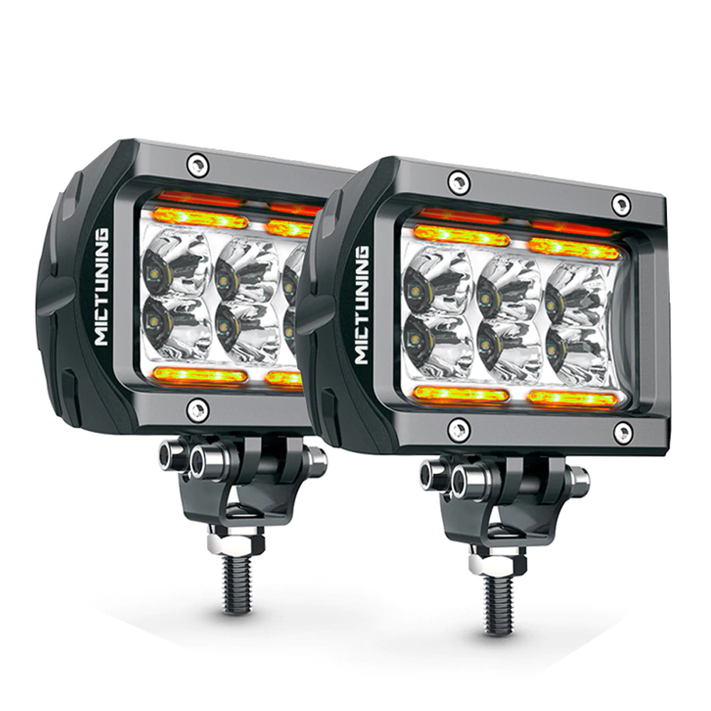 MICTUNING Car Led Work Light Bar Unlimited-GO K1 4" 18W LED Flood Work Lamp with Amber Ambient Light for Jeep ATV SUV Truck Boat