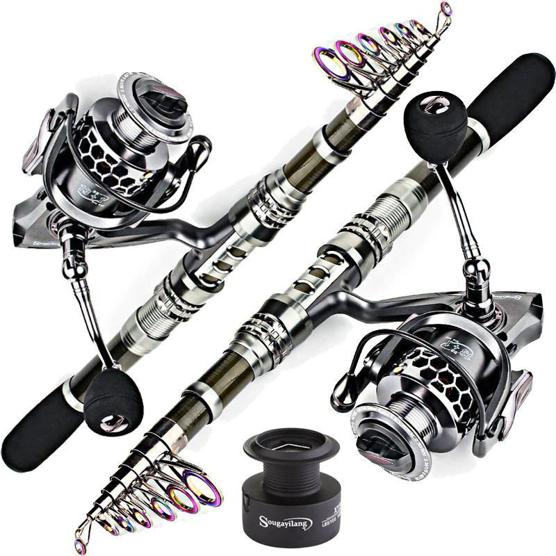 Sougayilang Carbon Fiber Spinning Fishing Rod Pole And Fishing Reel Combo Telescopic Fishing Pole Spinning Reel Kit