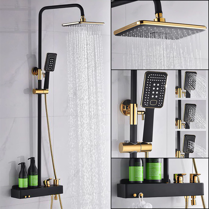 ELLEN Shelf Shower Hot Cold Rainfall Shower Set Wall Mounted Black Faucets with Hand Shower Rainfall Shower ELS9249