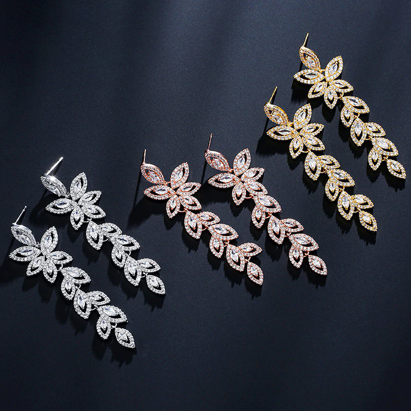ZAKOL Fashion Zirconia Crystal Bridal Long Drop Earrings for Women Leaves Wedding Earrings Engagement Party Jewelry FSEP2348