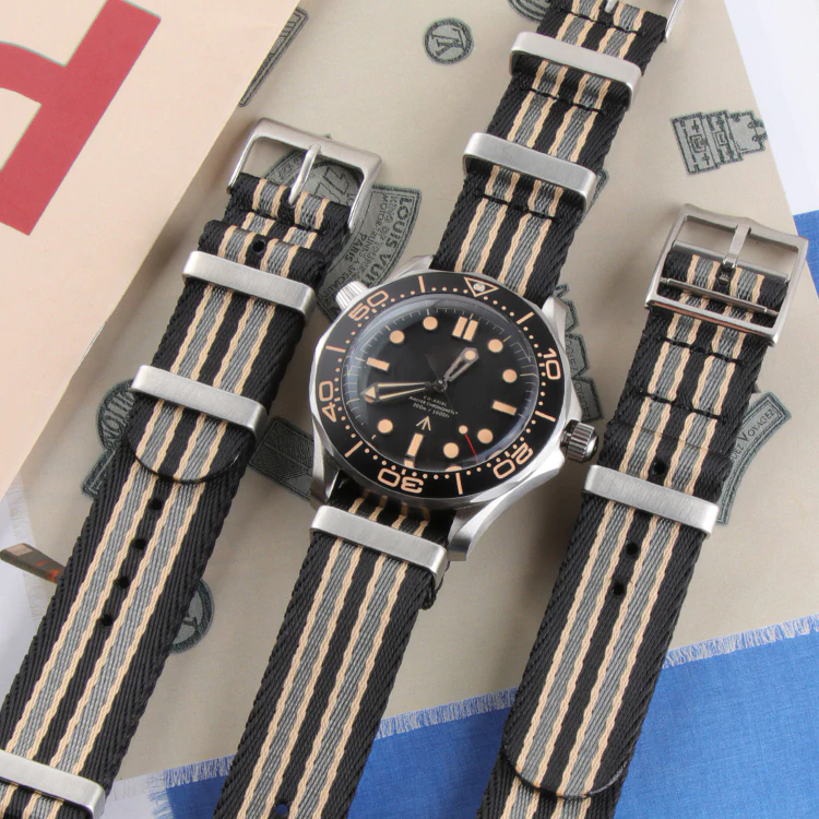 Canvas Striped Nylon Watchband Nato Strap 20mm for Omega007 Sea Master Nato "NO TIME TO DIE" Bracelet Pin BuckleTools