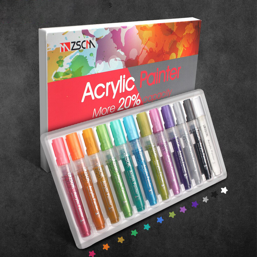 12 Colors Permanent Marker Acrylic Paint Marker Set for Wood Tyre Car Metal Fabric Plastic Round Fine nib 2mm Water-based Pens