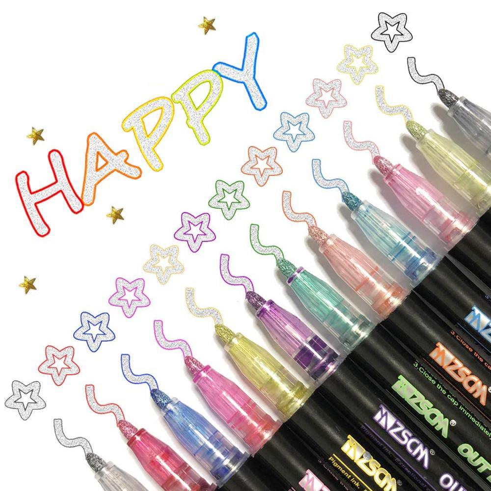 12 Colors Metallic Marker Outline Pen Glitter Colorful DIY Album Scrapbooking Marker Pen for Christmas Drawing Painting Set