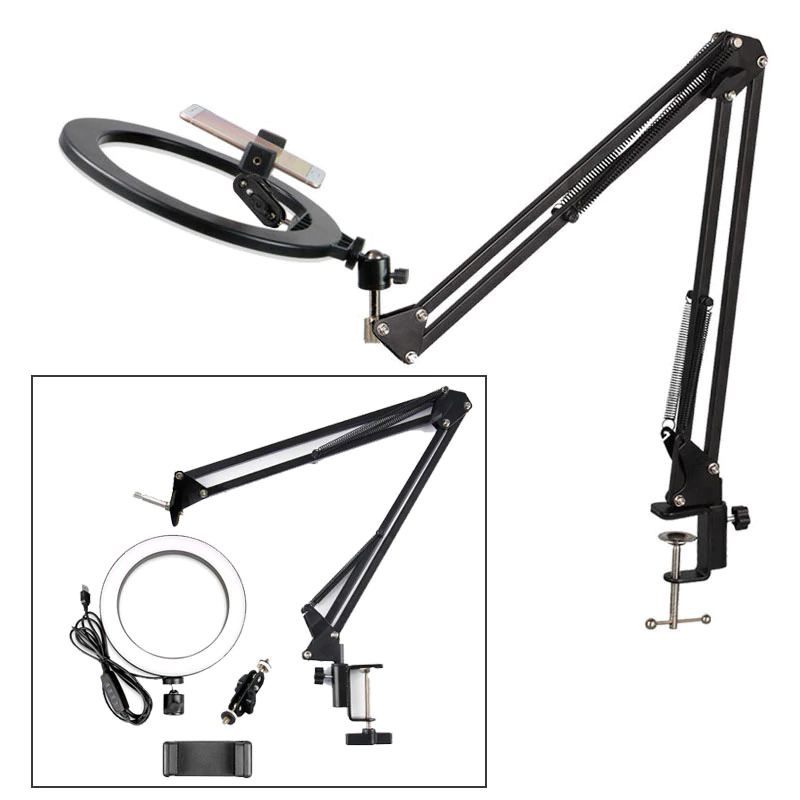 Dimmable 26cm Ring Light 3200-5500K Warm Cold Lamp With Long Arm Desktop Tablet Phone Holder Video Live Photography Selfie Light