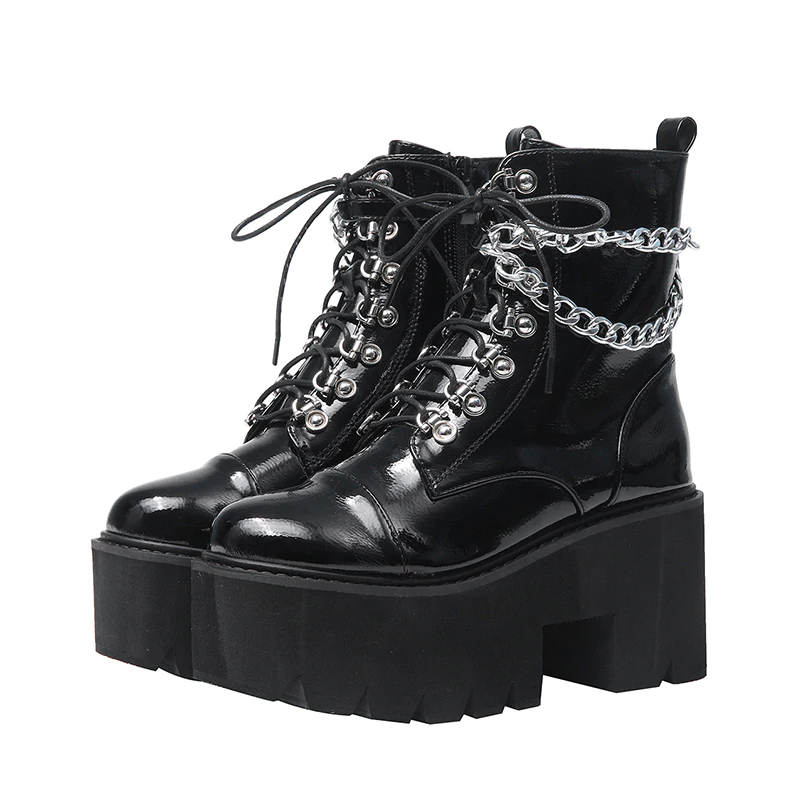 Gdgydh Patent Leather Gothic Black Boots Women Heel Sexy Chain Chunky Heel Platform Boots Female Punk Style Ankle Boots Zipper