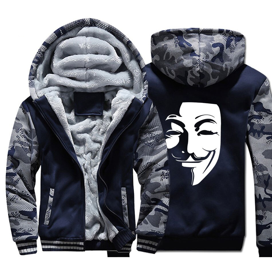 V for Vendetta Hoodie Men Hip Hop Hooded Sweatshirt Coat Youth Thick Fleece Warm Printed Camouflage Jacket Mens Brand Clothing