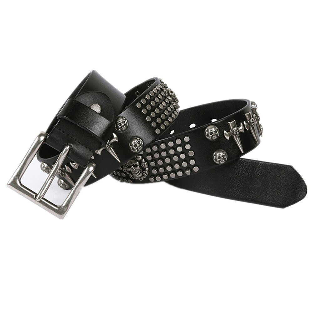 LA SPEZIA Men Genuin Leather Rock Belt Rivet Skull Cross Cowskin Black R Male Belts High Quality Brand Punk Clothing Accessories