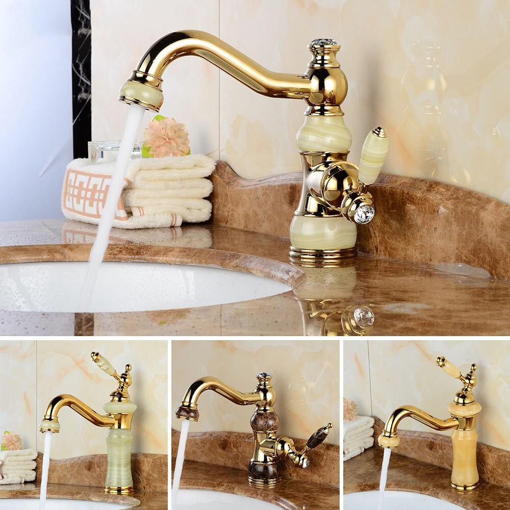 Free shipping Luxury Golden Faucet Copper Bathroom Faucets With Stone Single Handle Cold&Hot Water Tap Mixer Torneiras GS9600