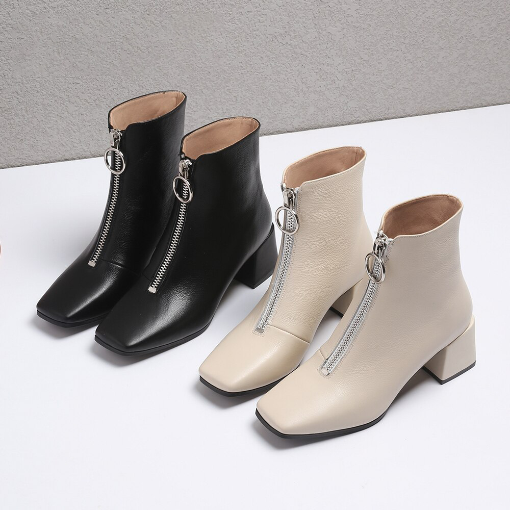 SOPHITINA New Fashion Genuine Leather Square Heel Ladies Boots Casual Outside Square Toe Shoes Basic Med Heel Women Boots SO221