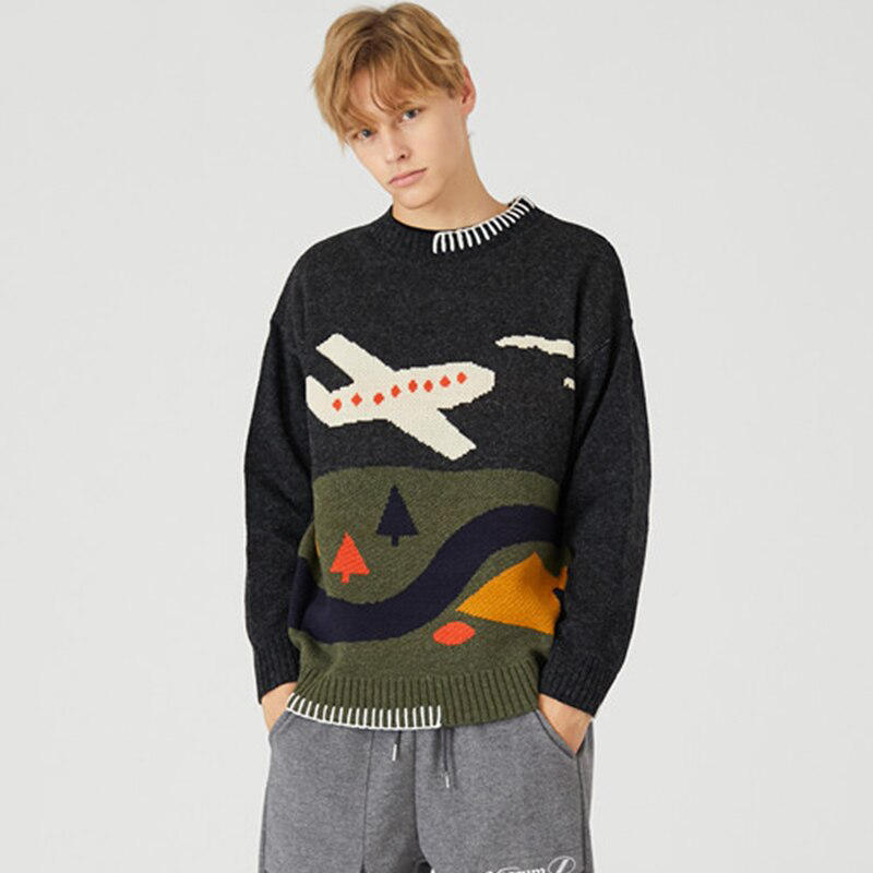 Dark Icon Round Neck Pullover Men's Winter Sweater Printed Oversized Hip Hop Sweaters Men's Wool Blouses Sweater Blue/Green