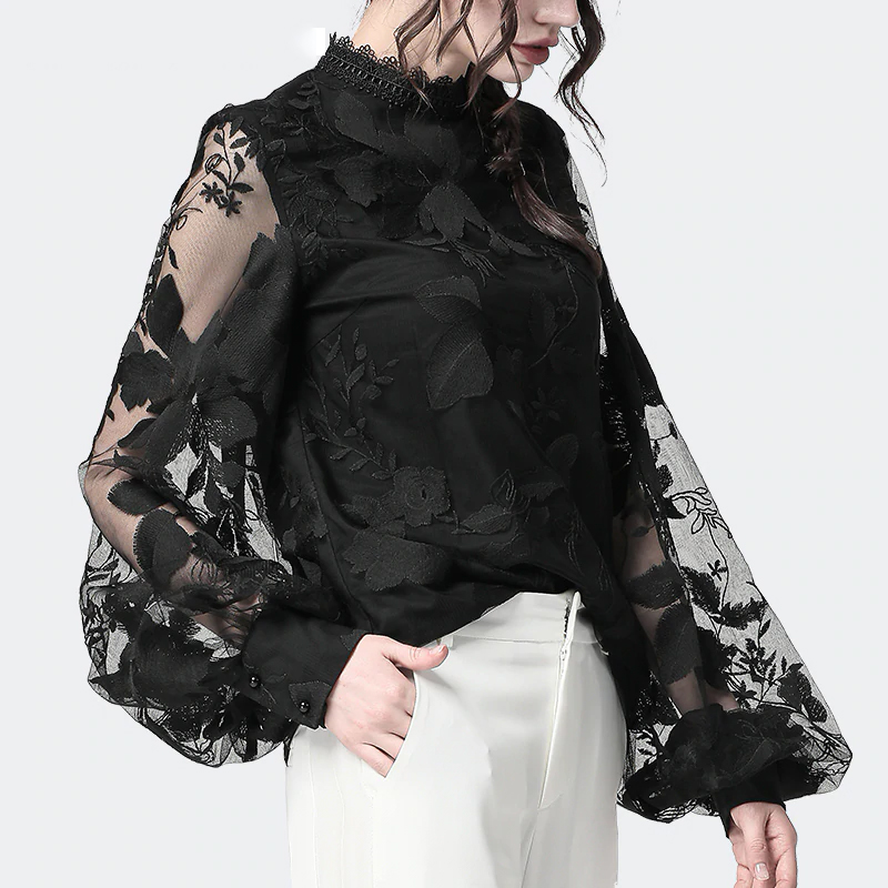 Ladies Floral Embroidery Blouses Transparent Lantern Sleeve Mesh Tops Stand Collar Loose Plus Size Women Black Chiffon Blouse