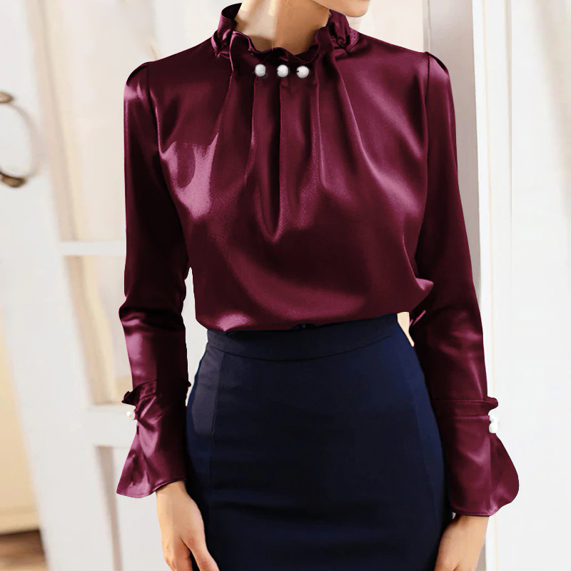 Celmia Women Satin Blouses Elegant Long Sleeve Silk Shirt Pearl Stand Collar Female Office Tops Solid Casual Blusas Plus Size