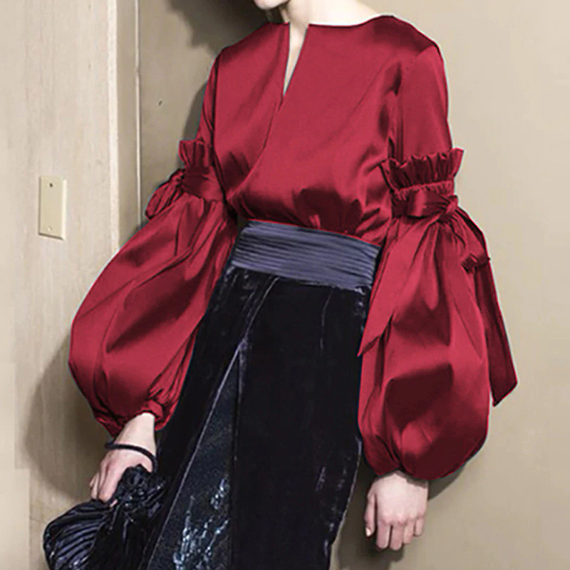 Celmia Plus Size Tops Women Fashion Satin Blouses Vintage Lantern Sleeve Bow V Neck Elegant Office Ladies Shirts Feminina 5XL