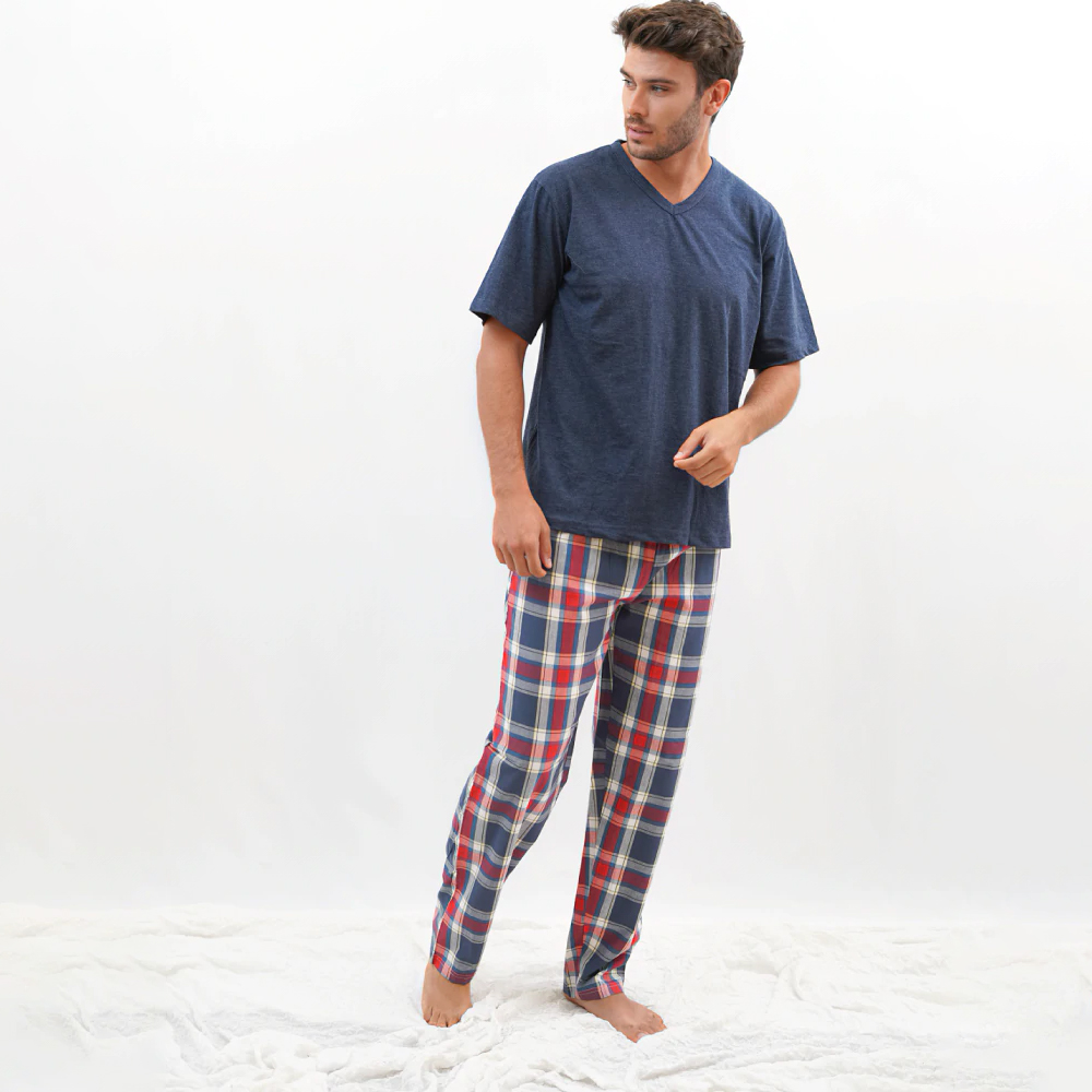 Man's leisure pajamas-men's pajamas 100% cotton plaid✨-Short-sleeved men's pajamas and long trousers