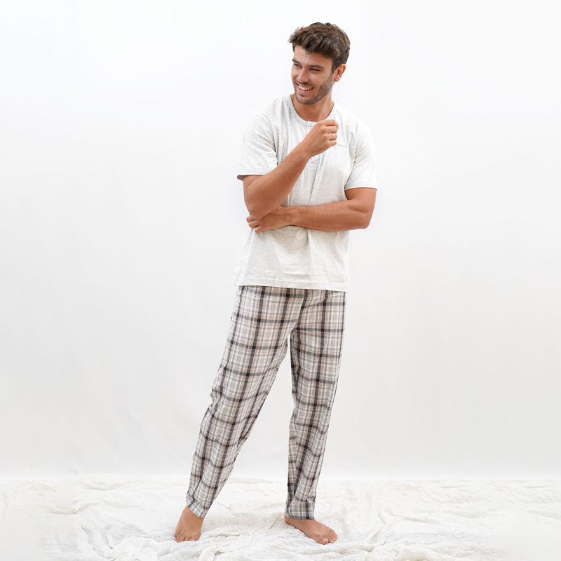 Man's leisure pajamas-men's pajamas 100% cotton plaid✨-Short-sleeved men's pajamas and long trousers